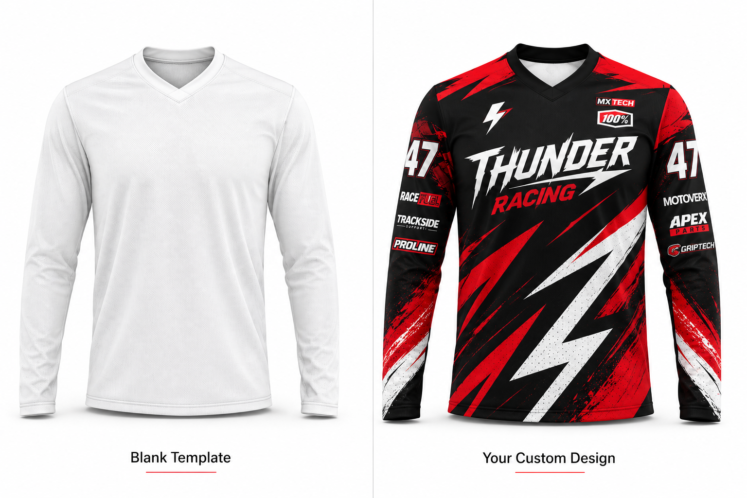 Before and after comparison of blank motocross jersey template transformed into fully customized team race jersey with sublimation — ZAB Sports Apparel