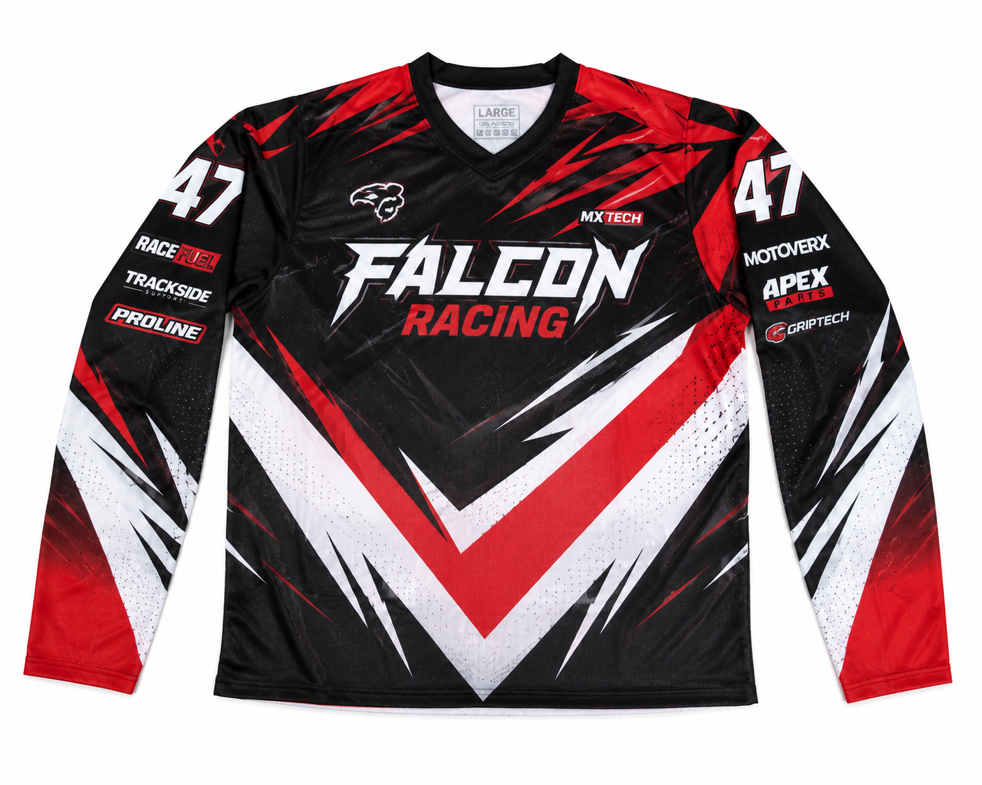 Custom motocross jersey front view with sublimation printing, team logo, and rider number — wholesale MX race wear by ZAB Sports Apparel